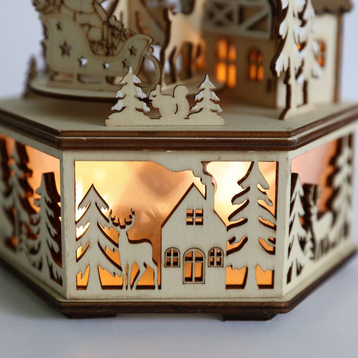 Wooden Christmas scene platform + 5 LED lights + music + spinning