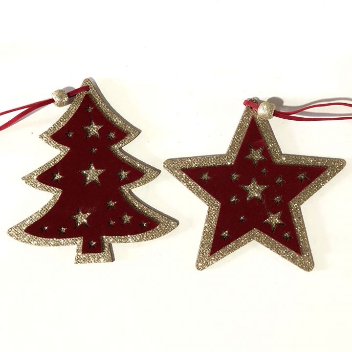 Wooden Christmas hanging ornament, Christmas tree/star 2 asst.