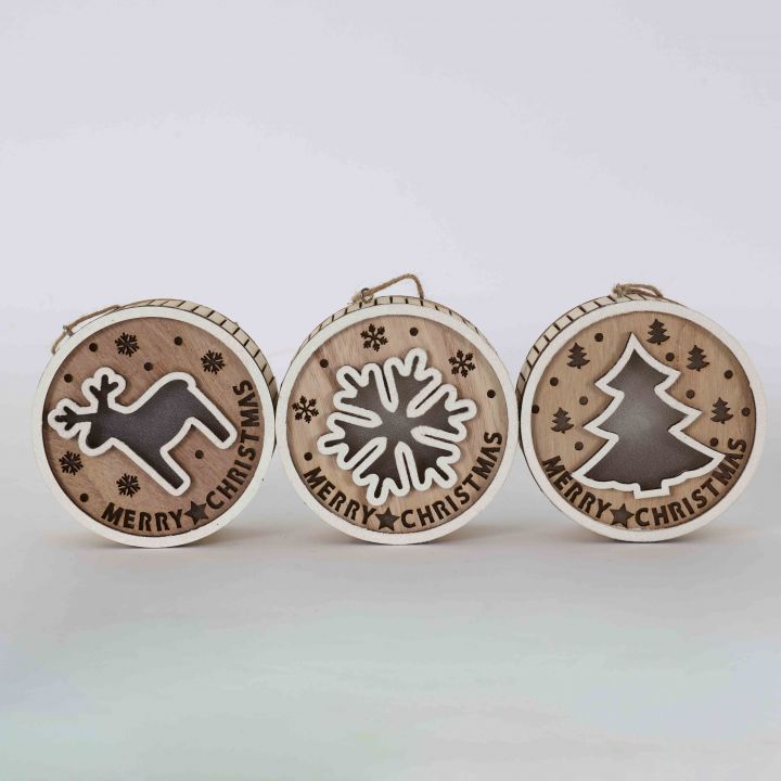 Wooden Christmas natural color disc light hanging ornament 3 asst. LED lights for 3 heads and 2 No. 7 electricity