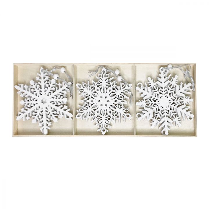 Wooden white snowflake hanging ornament 6 asst.