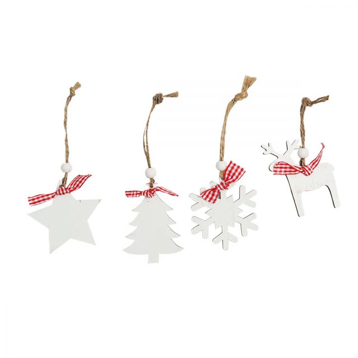 Wooden Christmas hanging ornaments on white background set of 12