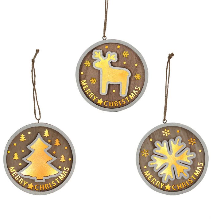 Wooden Christmas natural color disc light hanging ornament 3 asst. LED lights for 3 heads and 2 No. 7 electricity