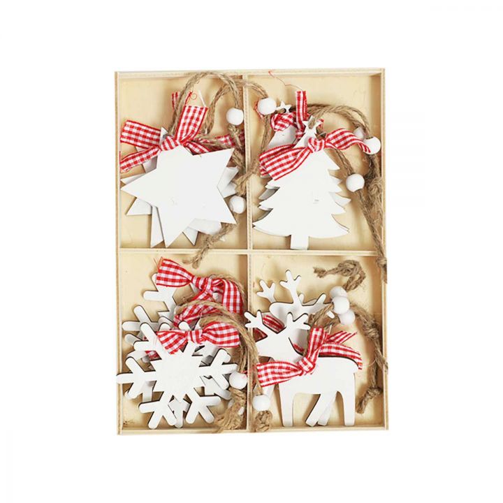 Wooden Christmas hanging ornaments on white background set of 12