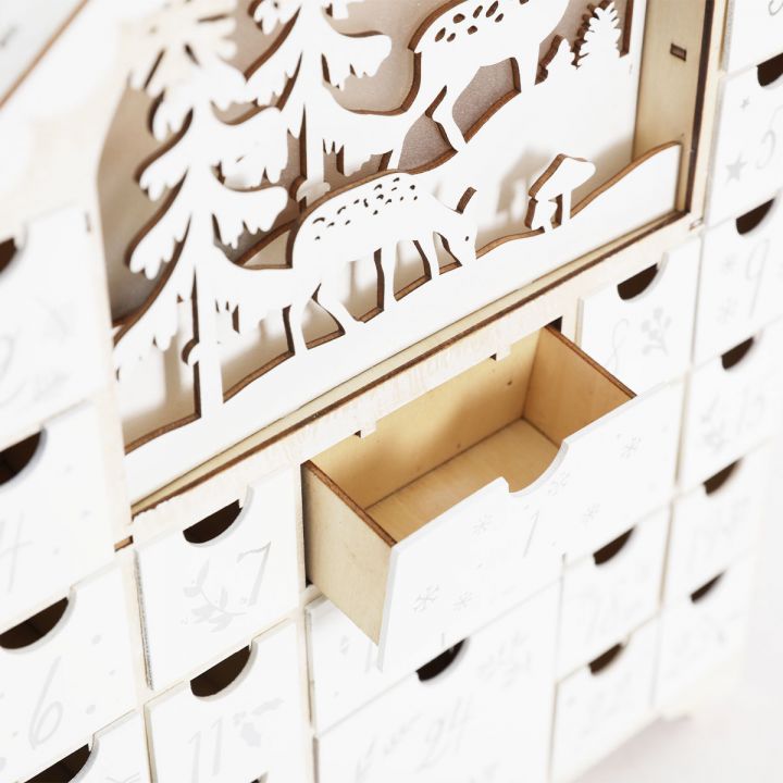 Wooden Christmas advent calendar house，3 LED，2 AAA battery case