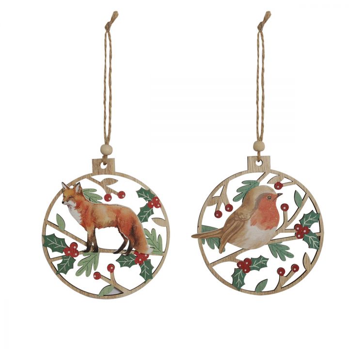 Wooden Christmas Forest animal hanging ornament, 2 asst.